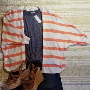 Striped open front 3/4 sleeve cardigan shrug